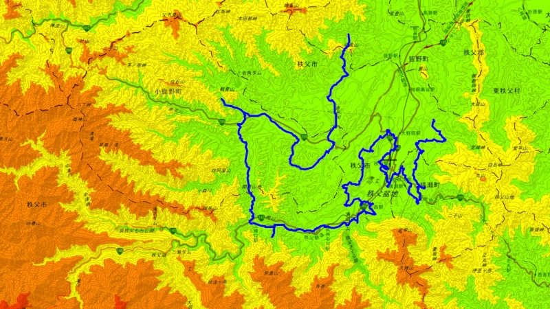 秩父札所巡りの巡礼道と熊の生息地の地理院地図