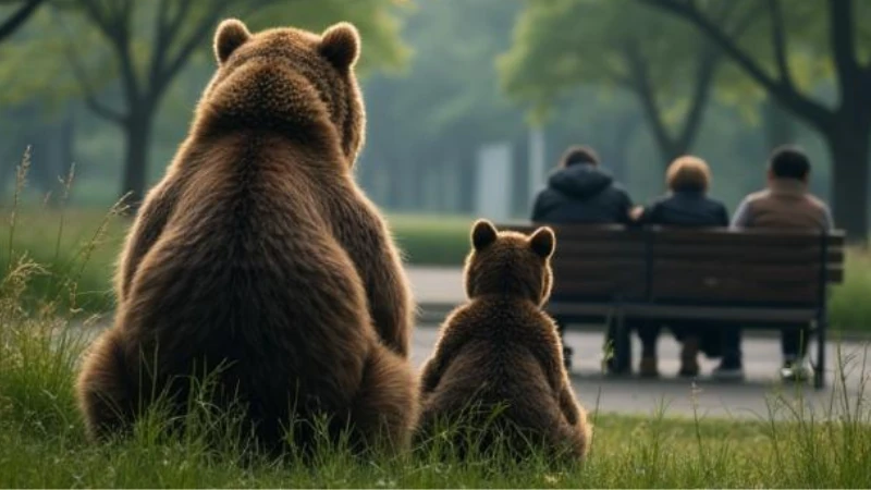 秩父の市街地に近い羊山公園で人を見ている熊のイメージ画像