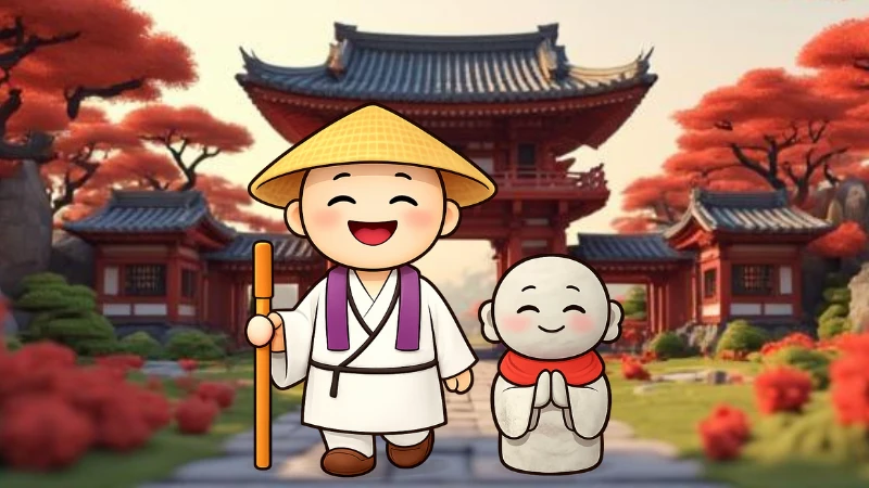 秩父札所の巡礼道で巡礼者を見送るお地蔵さんのイラスト